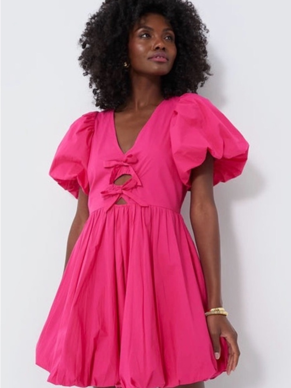 Women's Puff Sleeve Tie-Front Mini Dress - Hot Pink